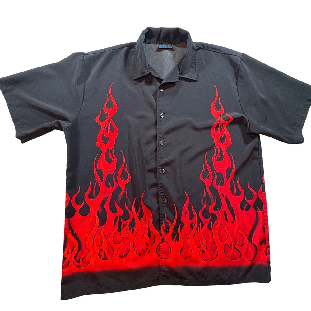 MT:2 Mens XL Black Red Flame Print Short Sleeve Button Down Bowling Shirt Y2K
